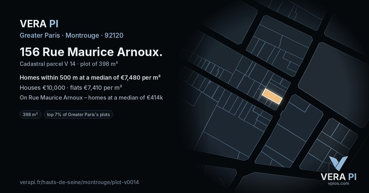 156 Rue Maurice Arnoux, Montrouge at night – the plot lit, the parcels around coloured by the prices near them