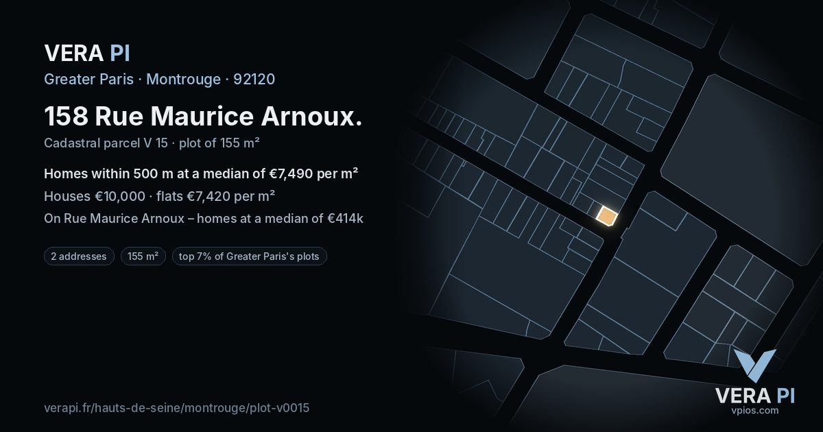 158 Rue Maurice Arnoux, Montrouge at night – the plot lit, the parcels around coloured by the prices near them