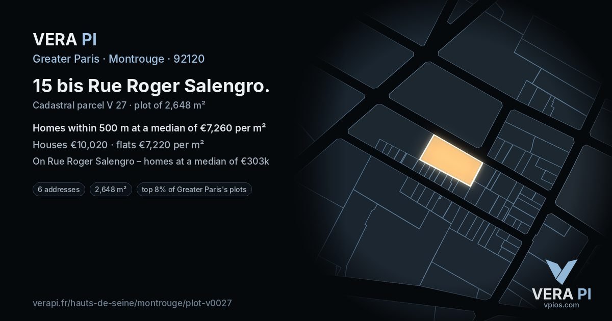 15 bis Rue Roger Salengro, Montrouge at night – the plot lit, the parcels around coloured by the prices near them