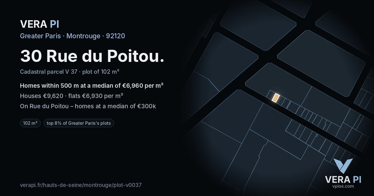 30 Rue du Poitou, Montrouge at night – the plot lit, the parcels around coloured by the prices near them