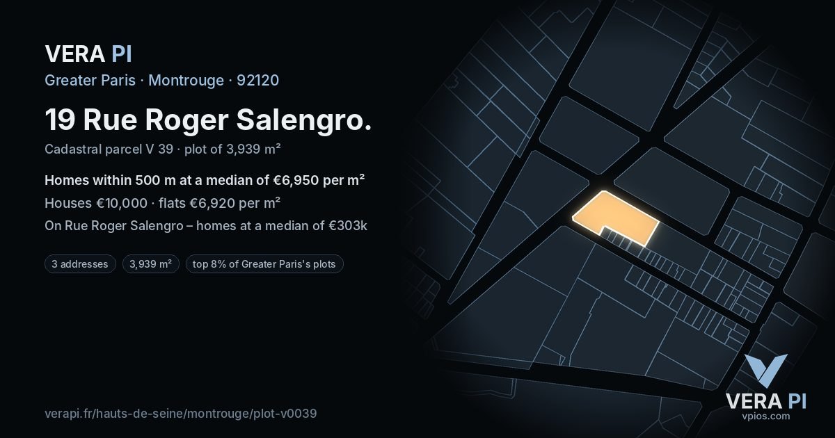 19 Rue Roger Salengro, Montrouge at night – the plot lit, the parcels around coloured by the prices near them