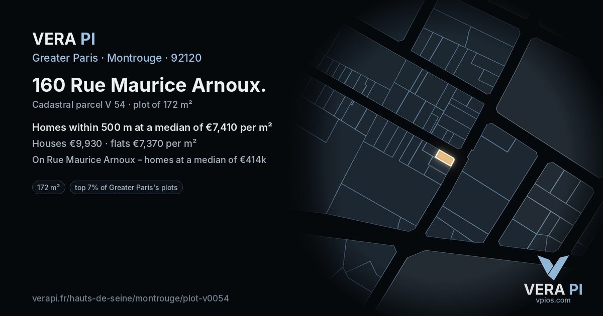 160 Rue Maurice Arnoux, Montrouge at night – the plot lit, the parcels around coloured by the prices near them