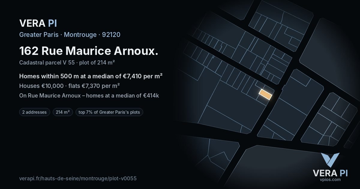 162 Rue Maurice Arnoux, Montrouge at night – the plot lit, the parcels around coloured by the prices near them