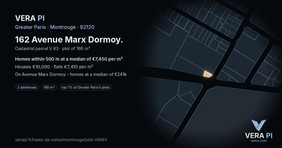 162 Avenue Marx Dormoy, Montrouge at night – the plot lit, the parcels around coloured by the prices near them