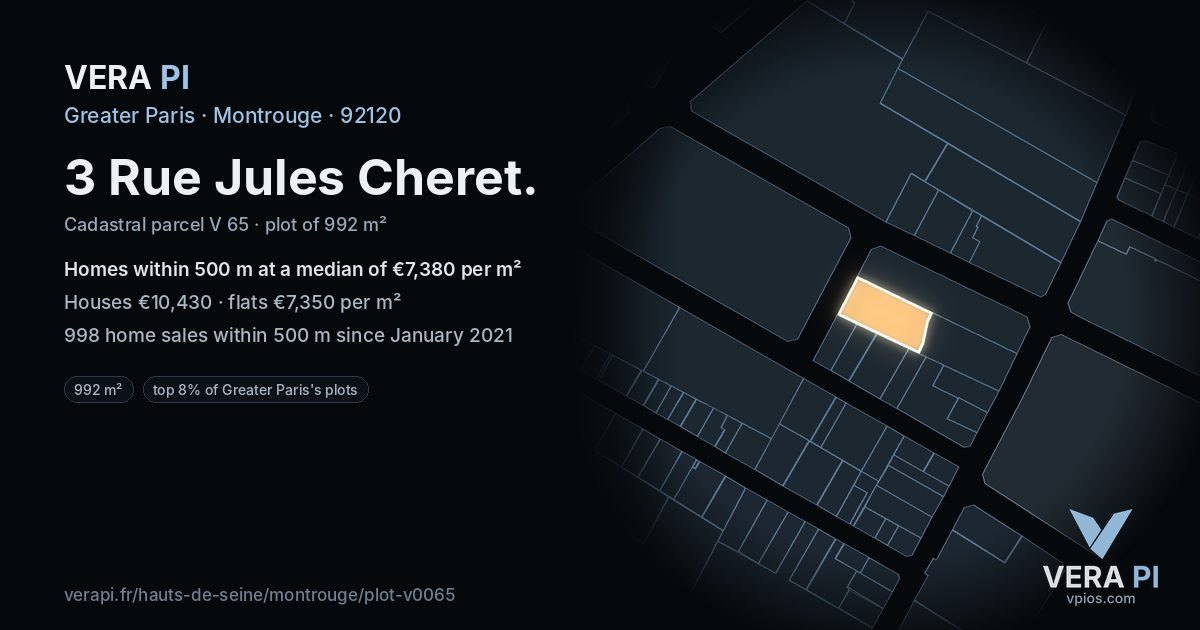 3 Rue Jules Cheret, Montrouge at night – the plot lit, the parcels around coloured by the prices near them