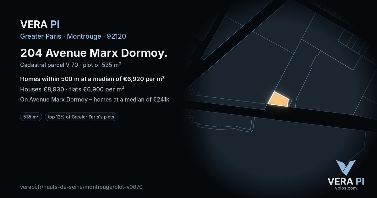 204 Avenue Marx Dormoy, Montrouge at night – the plot lit, the parcels around coloured by the prices near them