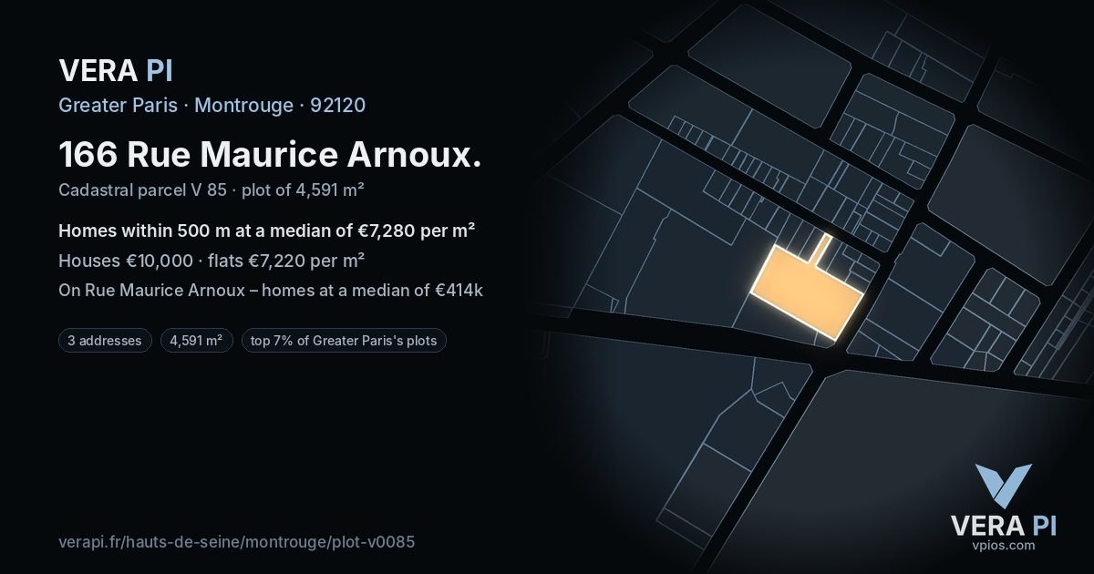 166 Rue Maurice Arnoux, Montrouge at night – the plot lit, the parcels around coloured by the prices near them