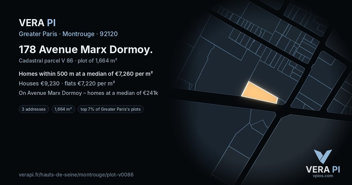 178 Avenue Marx Dormoy, Montrouge at night – the plot lit, the parcels around coloured by the prices near them