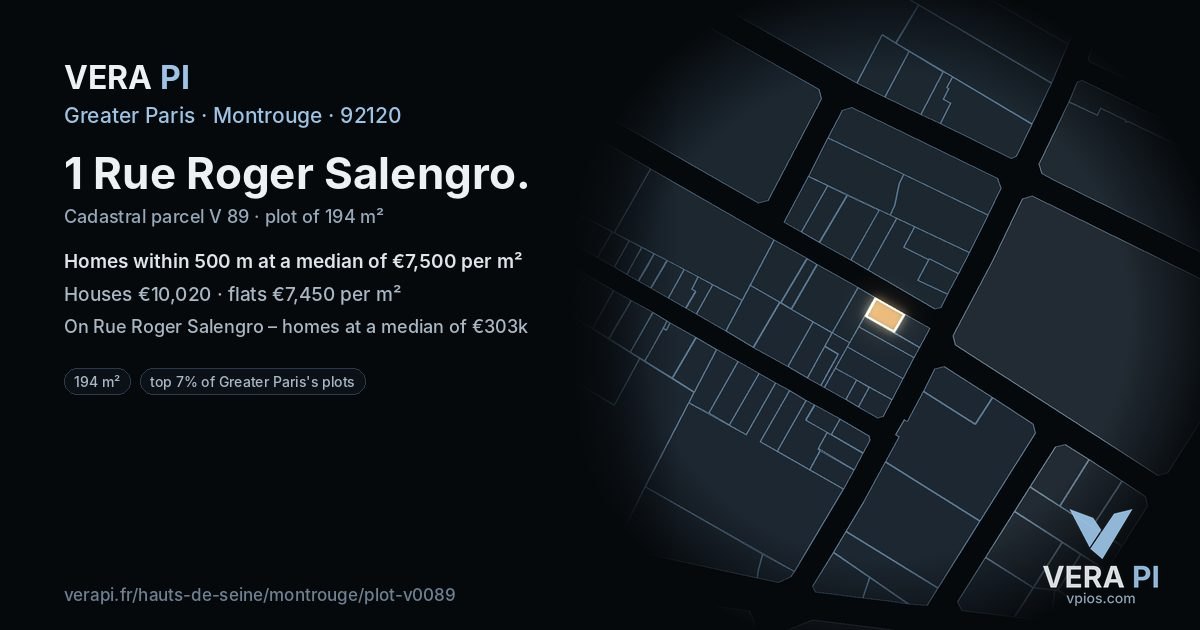 1 Rue Roger Salengro, Montrouge at night – the plot lit, the parcels around coloured by the prices near them