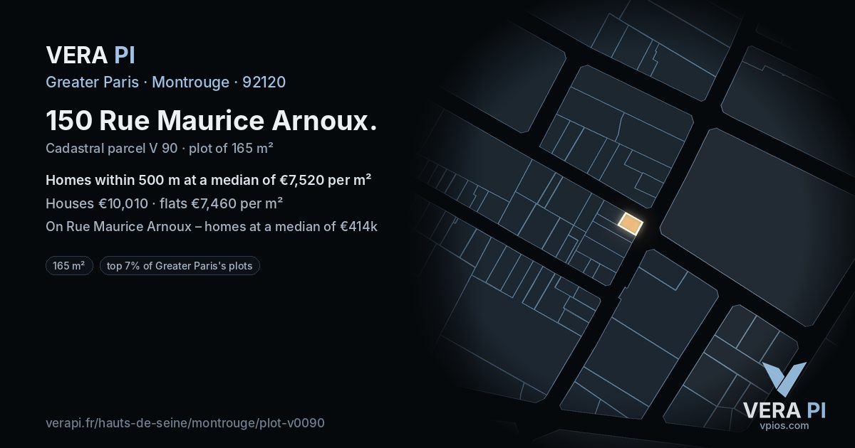 150 Rue Maurice Arnoux, Montrouge at night – the plot lit, the parcels around coloured by the prices near them