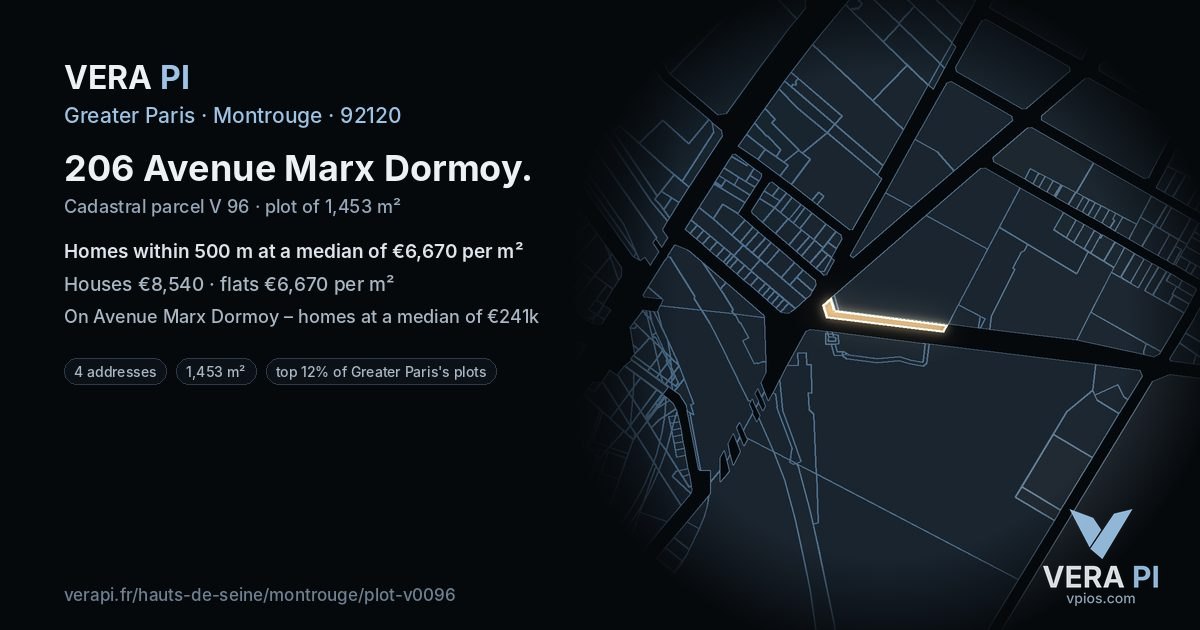 206 Avenue Marx Dormoy, Montrouge at night – the plot lit, the parcels around coloured by the prices near them