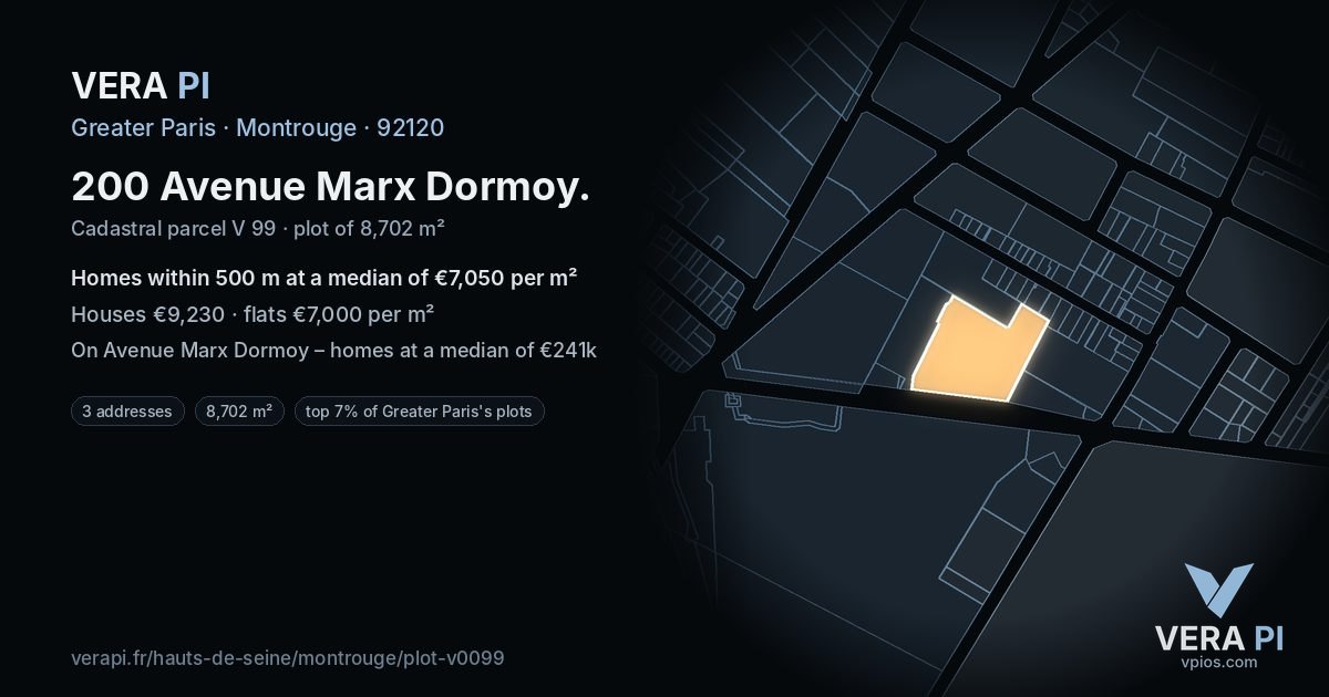 200 Avenue Marx Dormoy, Montrouge at night – the plot lit, the parcels around coloured by the prices near them