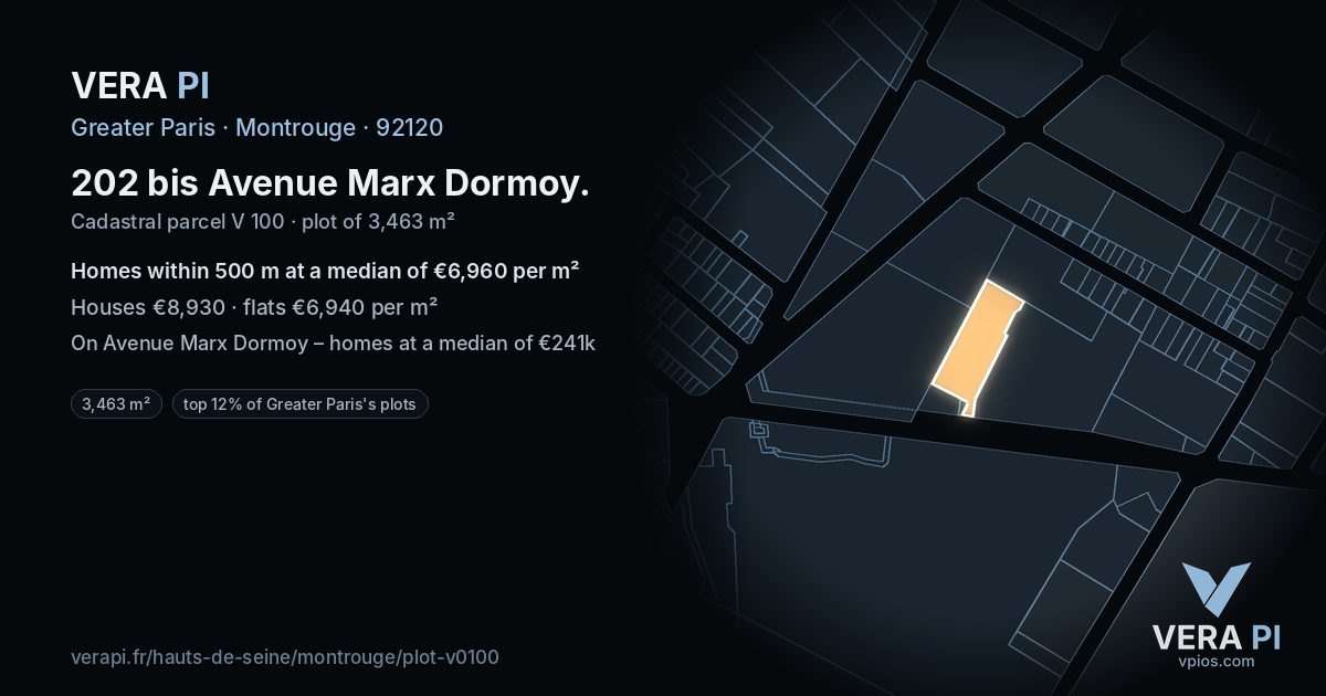 202 bis Avenue Marx Dormoy, Montrouge at night – the plot lit, the parcels around coloured by the prices near them