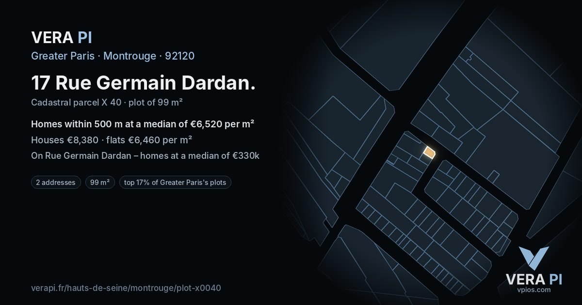 17 Rue Germain Dardan, Montrouge at night – the plot lit, the parcels around coloured by the prices near them