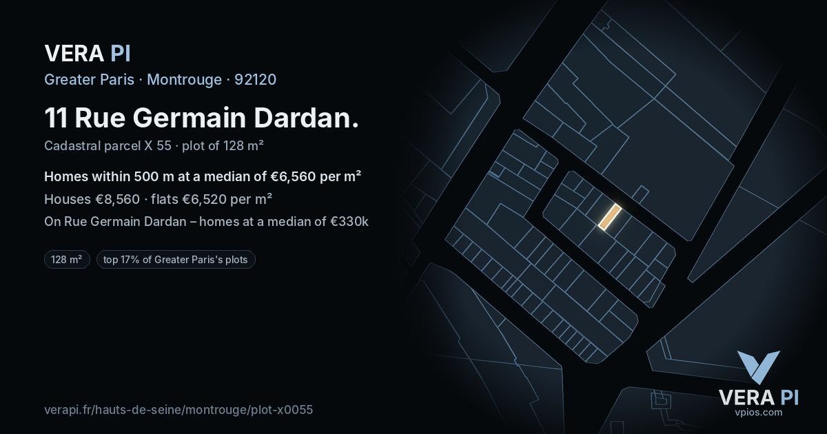 11 Rue Germain Dardan, Montrouge at night – the plot lit, the parcels around coloured by the prices near them