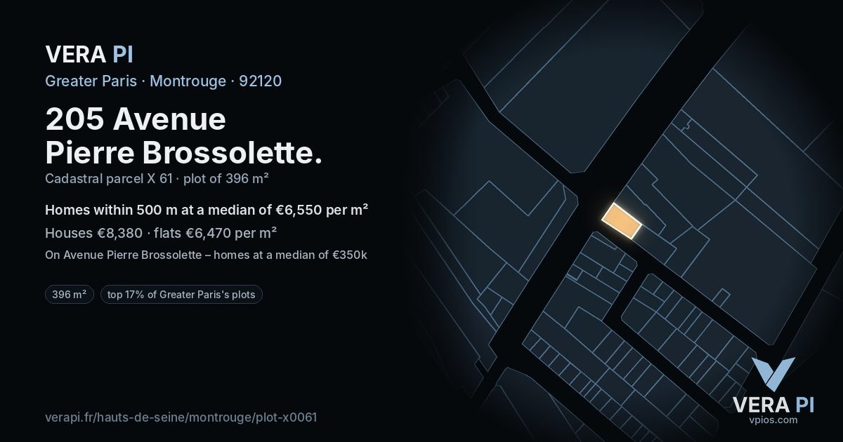 205 Avenue Pierre Brossolette, Montrouge at night – the plot lit, the parcels around coloured by the prices near them