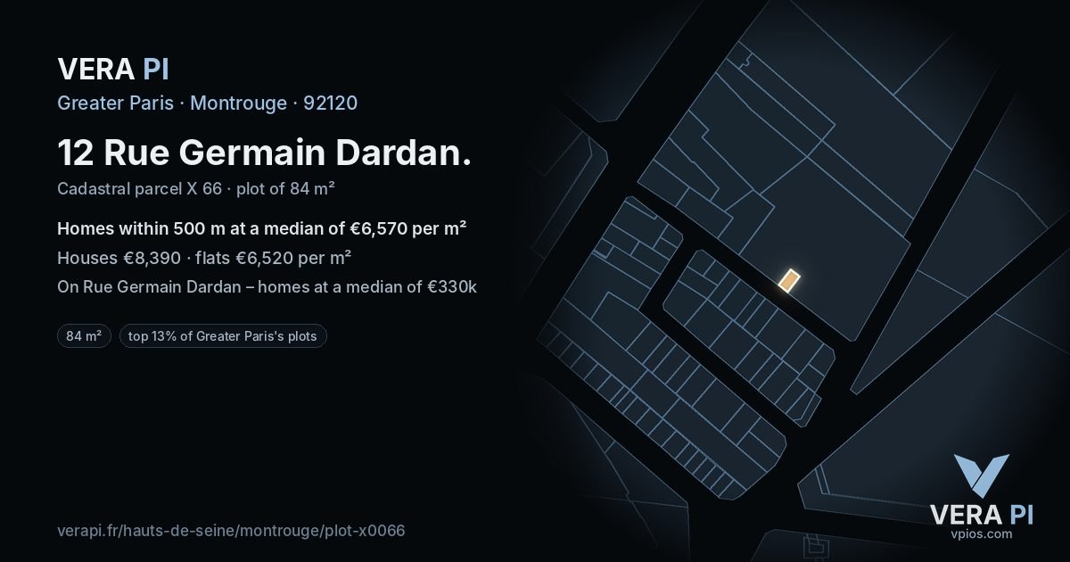 12 Rue Germain Dardan, Montrouge at night – the plot lit, the parcels around coloured by the prices near them