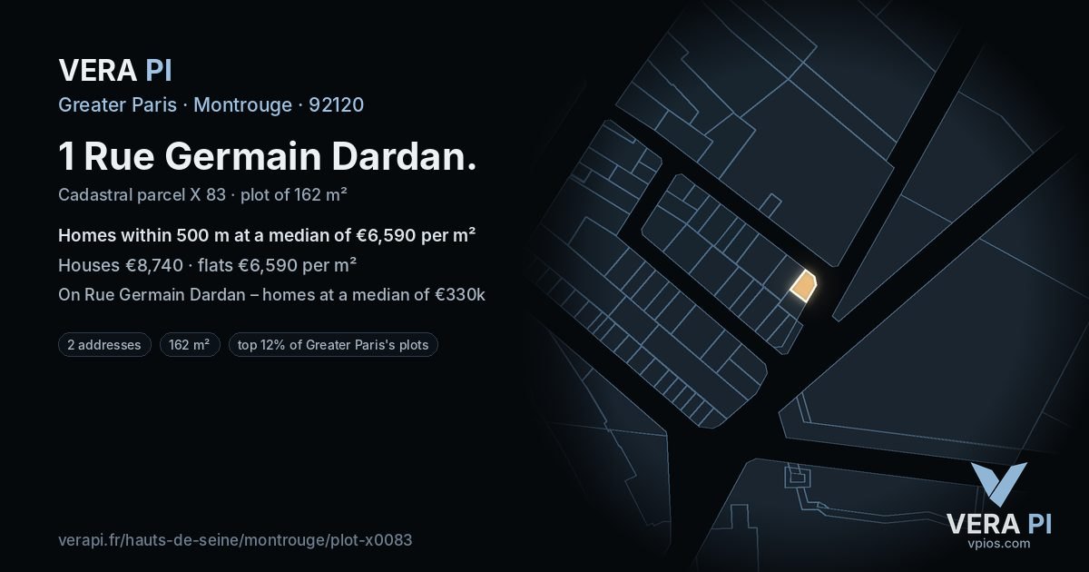 1 Rue Germain Dardan, Montrouge at night – the plot lit, the parcels around coloured by the prices near them