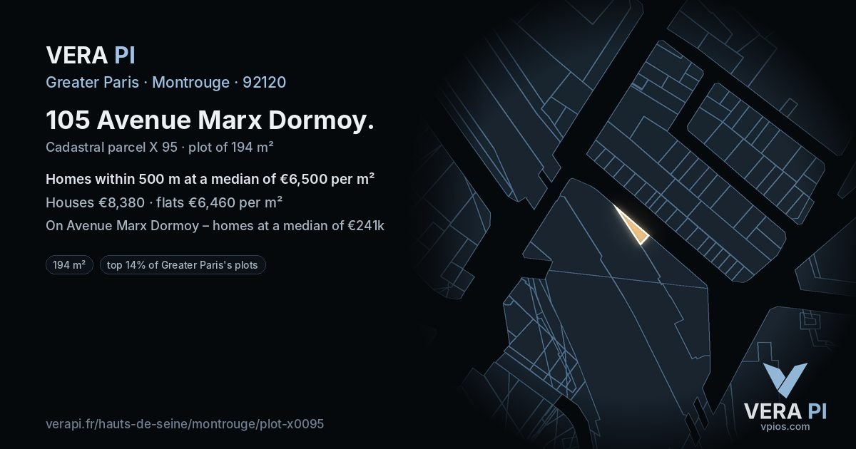 105 Avenue Marx Dormoy, Montrouge at night – the plot lit, the parcels around coloured by the prices near them