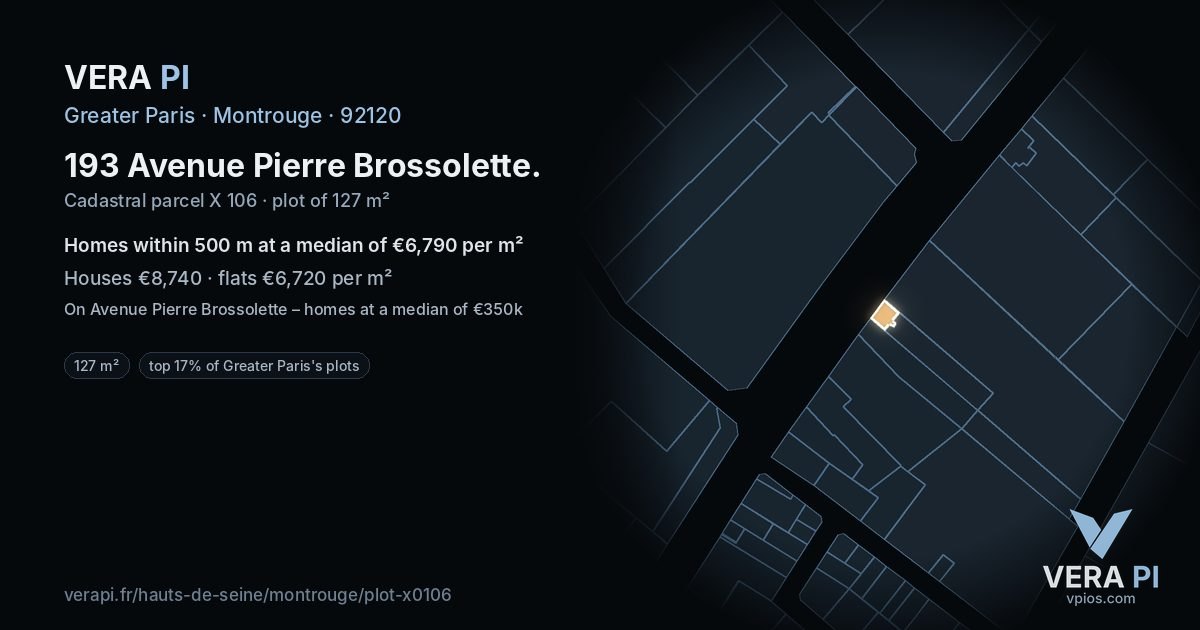 193 Avenue Pierre Brossolette, Montrouge at night – the plot lit, the parcels around coloured by the prices near them
