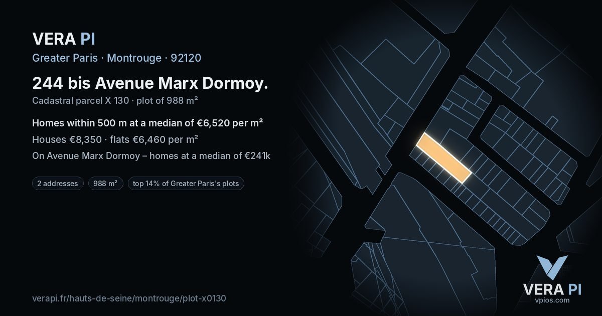 244 bis Avenue Marx Dormoy, Montrouge at night – the plot lit, the parcels around coloured by the prices near them