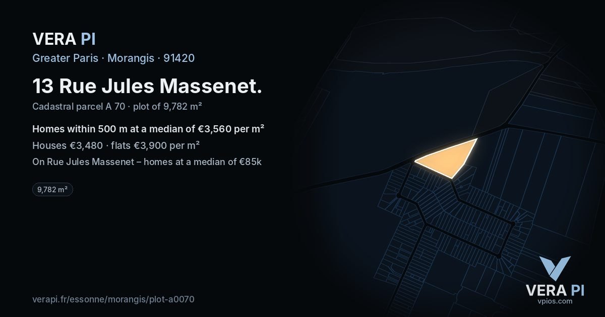 13 Rue Jules Massenet, Morangis at night – the plot lit, the parcels around coloured by the prices near them