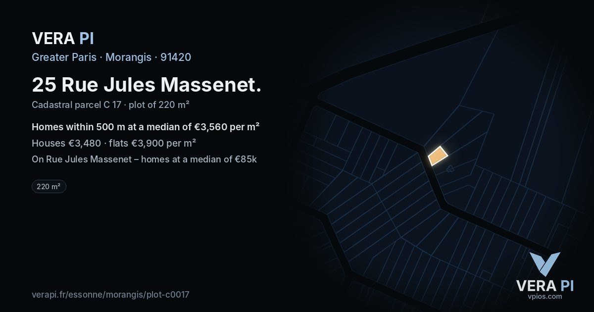 25 Rue Jules Massenet, Morangis at night – the plot lit, the parcels around coloured by the prices near them