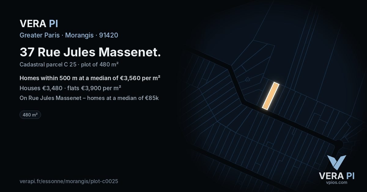 37 Rue Jules Massenet, Morangis at night – the plot lit, the parcels around coloured by the prices near them