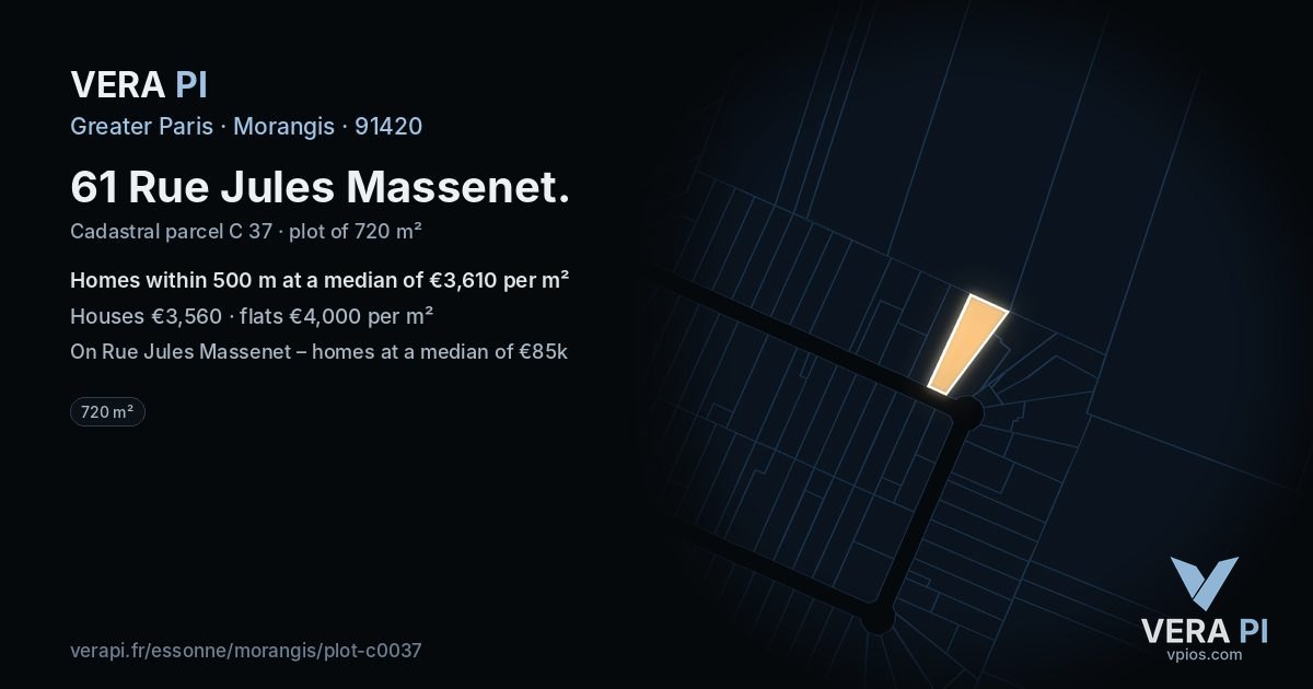 61 Rue Jules Massenet, Morangis at night – the plot lit, the parcels around coloured by the prices near them
