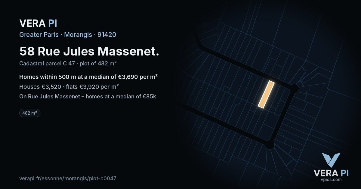 58 Rue Jules Massenet, Morangis at night – the plot lit, the parcels around coloured by the prices near them