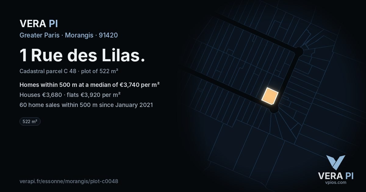 1 Rue des Lilas, Morangis at night – the plot lit, the parcels around coloured by the prices near them