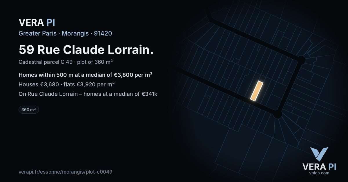 59 Rue Claude Lorrain, Morangis at night – the plot lit, the parcels around coloured by the prices near them