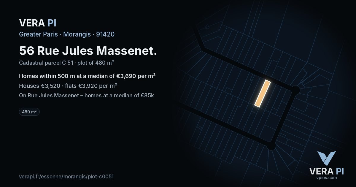 56 Rue Jules Massenet, Morangis at night – the plot lit, the parcels around coloured by the prices near them