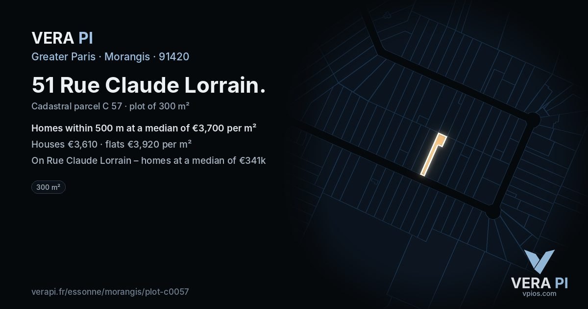 51 Rue Claude Lorrain, Morangis at night – the plot lit, the parcels around coloured by the prices near them