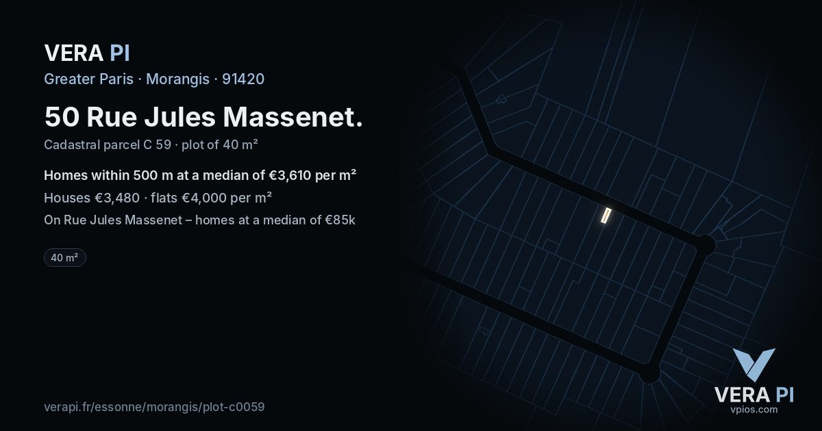 50 Rue Jules Massenet, Morangis at night – the plot lit, the parcels around coloured by the prices near them