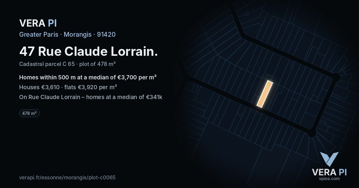 47 Rue Claude Lorrain, Morangis at night – the plot lit, the parcels around coloured by the prices near them