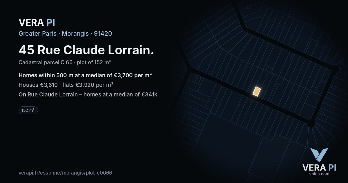 45 Rue Claude Lorrain, Morangis at night – the plot lit, the parcels around coloured by the prices near them