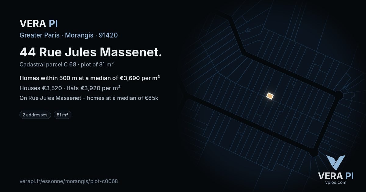 44 Rue Jules Massenet, Morangis at night – the plot lit, the parcels around coloured by the prices near them