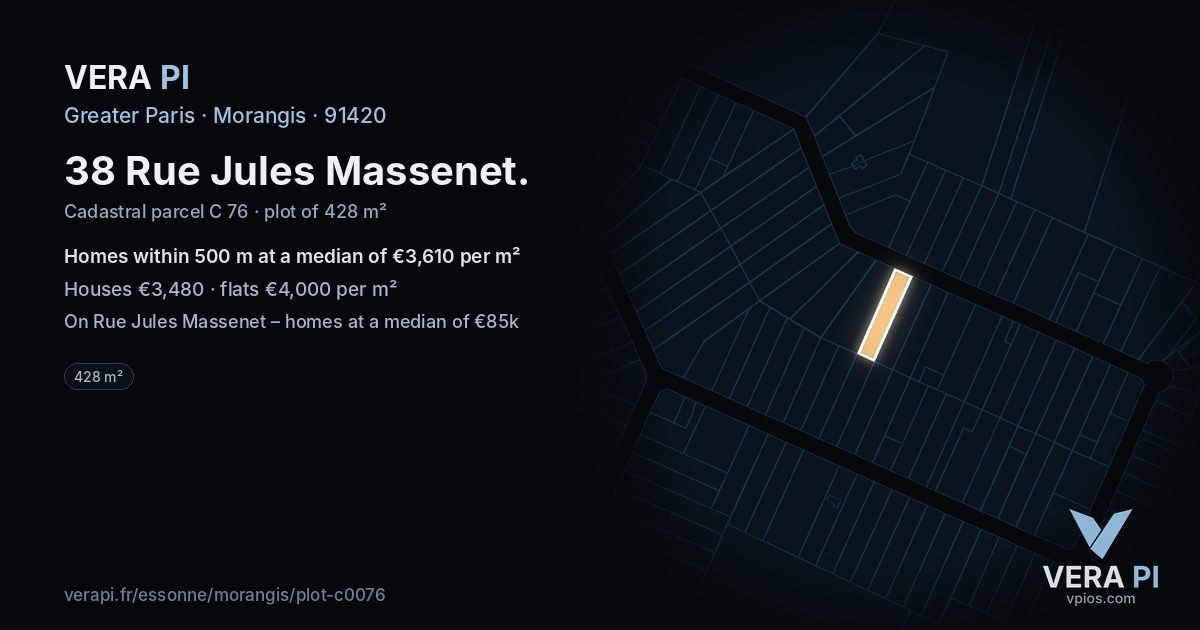 38 Rue Jules Massenet, Morangis at night – the plot lit, the parcels around coloured by the prices near them