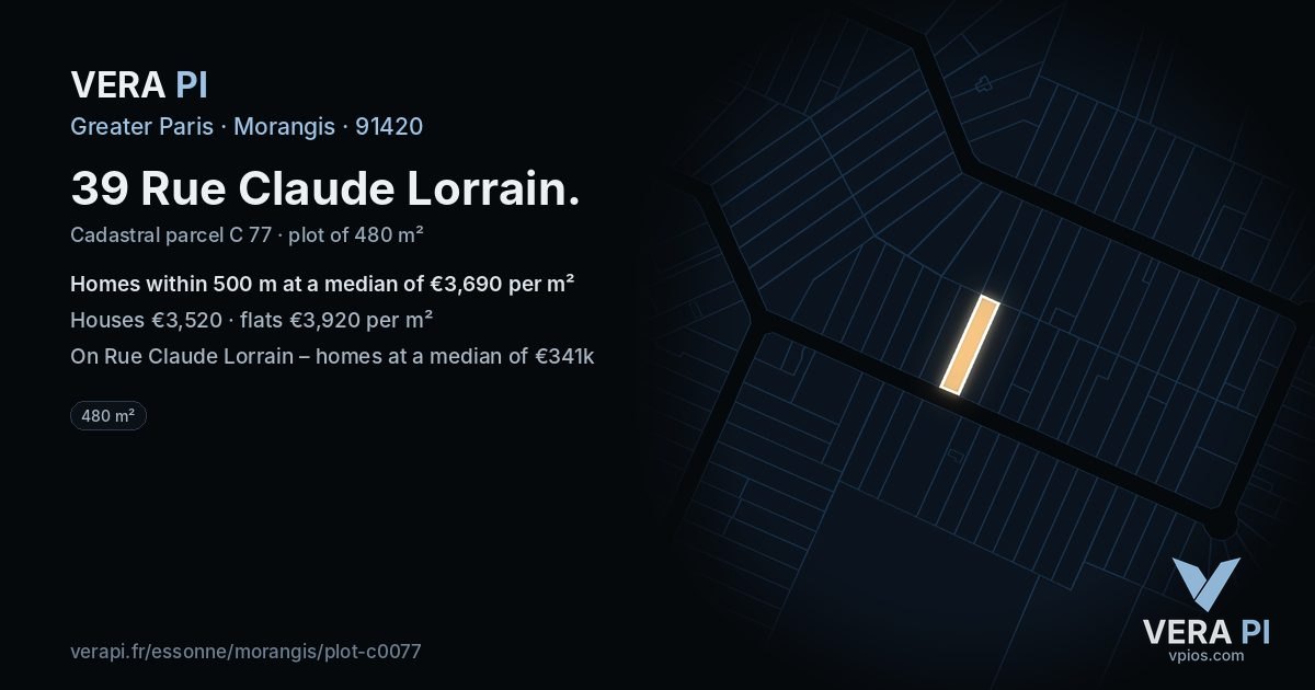 39 Rue Claude Lorrain, Morangis at night – the plot lit, the parcels around coloured by the prices near them