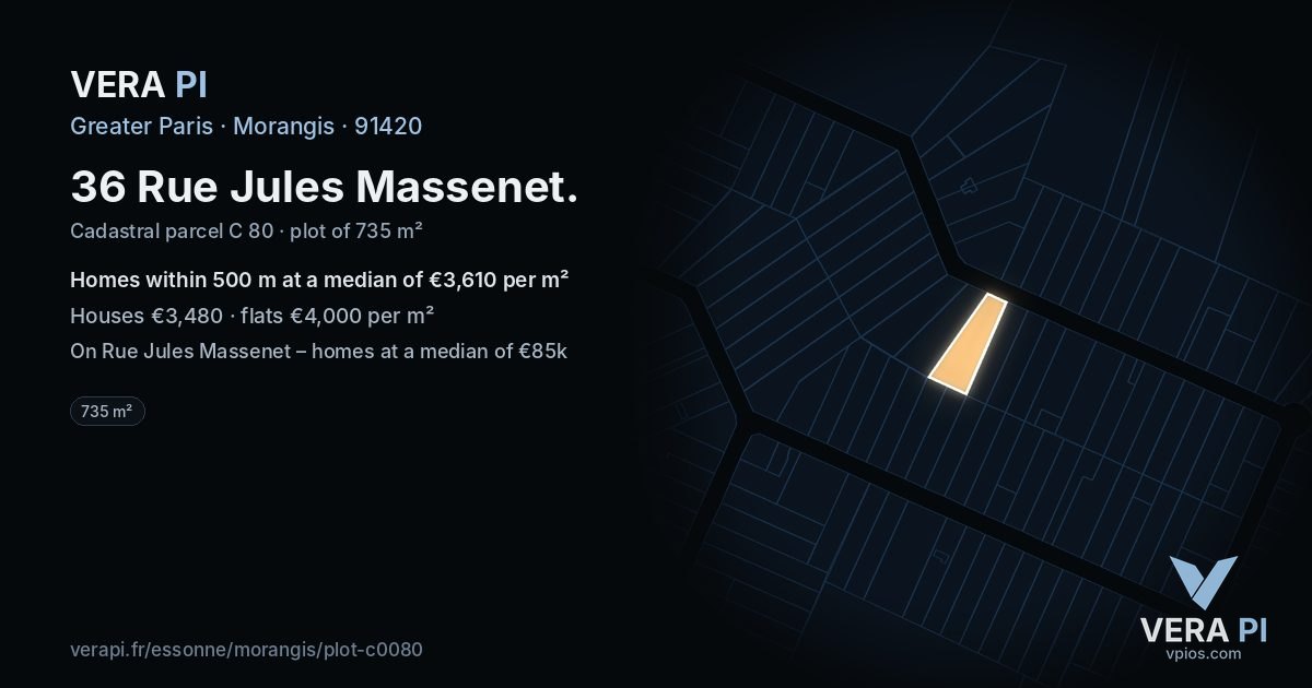 36 Rue Jules Massenet, Morangis at night – the plot lit, the parcels around coloured by the prices near them
