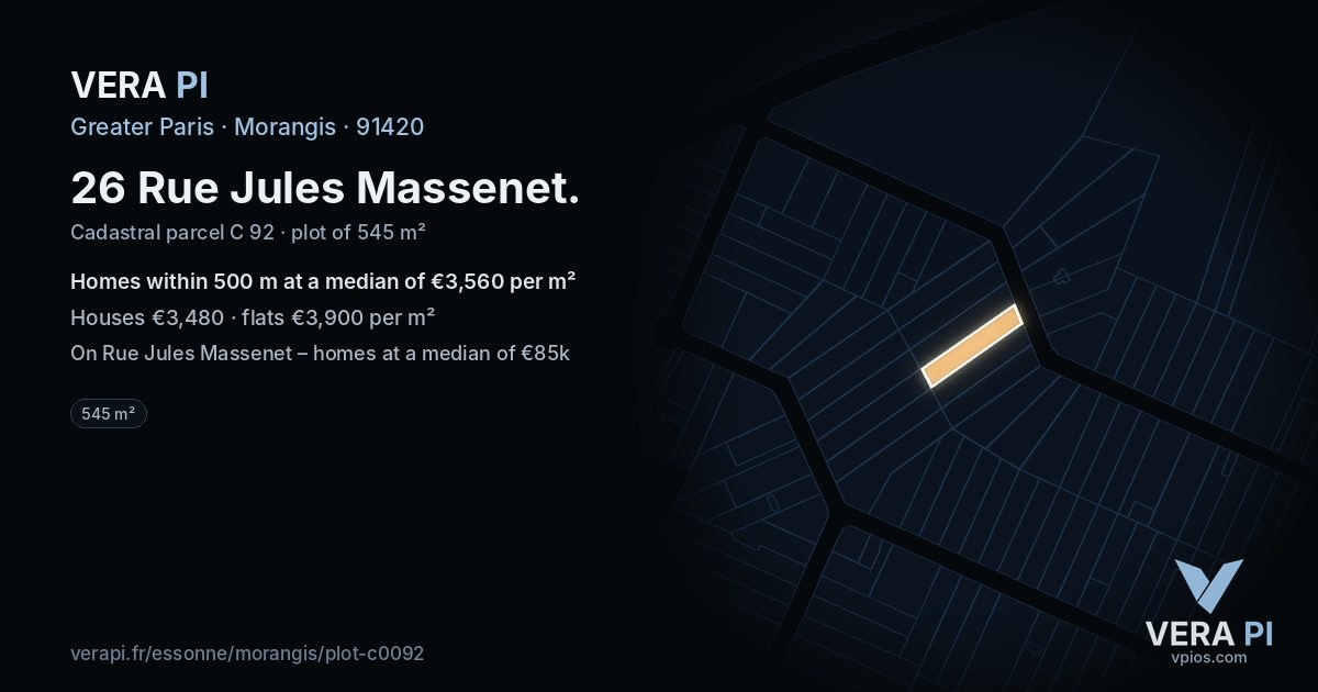 26 Rue Jules Massenet, Morangis at night – the plot lit, the parcels around coloured by the prices near them