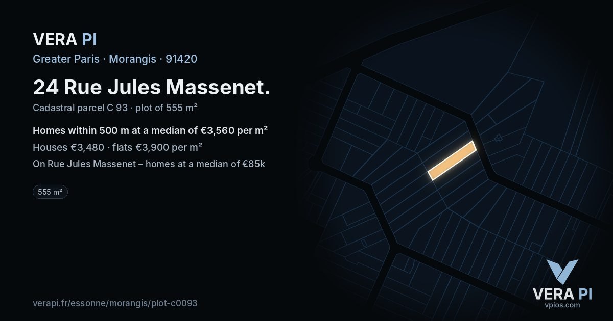 24 Rue Jules Massenet, Morangis at night – the plot lit, the parcels around coloured by the prices near them