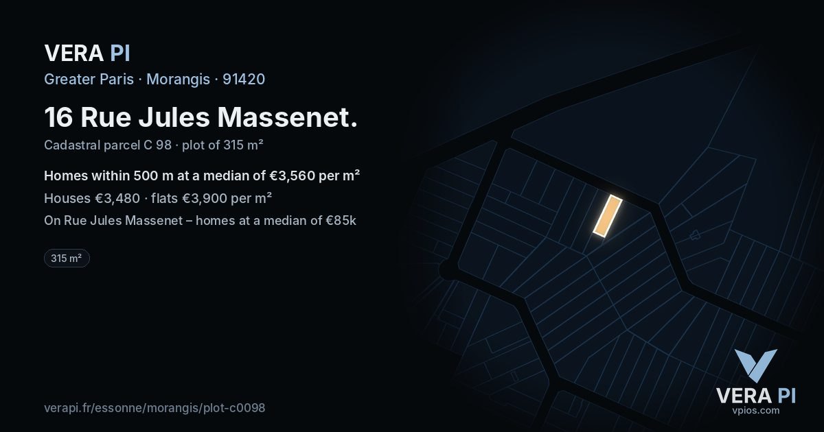 16 Rue Jules Massenet, Morangis at night – the plot lit, the parcels around coloured by the prices near them