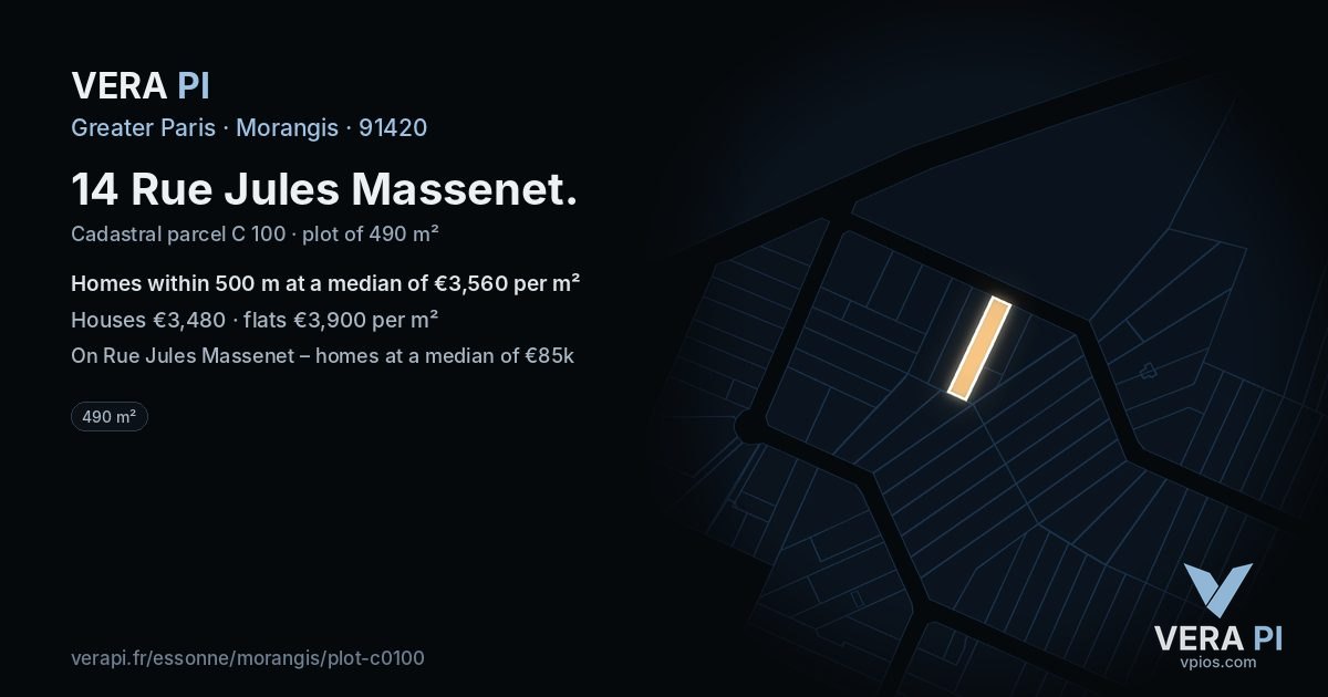 14 Rue Jules Massenet, Morangis at night – the plot lit, the parcels around coloured by the prices near them