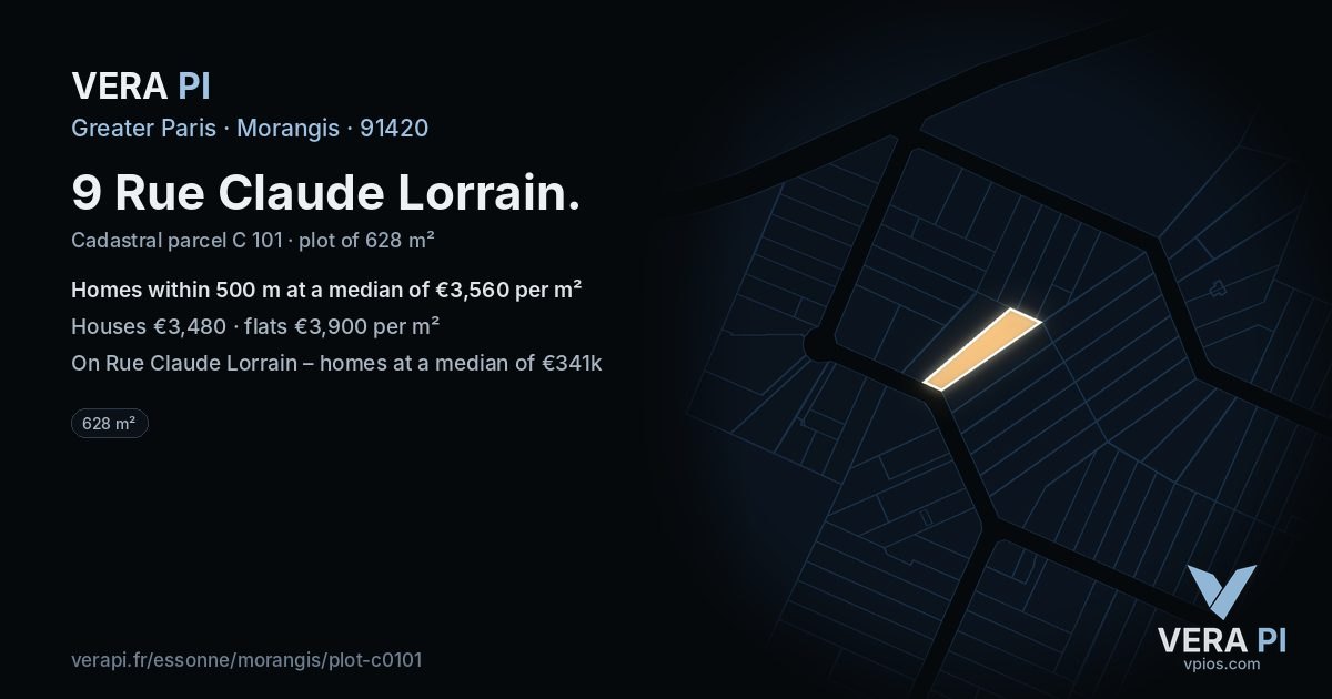 9 Rue Claude Lorrain, Morangis at night – the plot lit, the parcels around coloured by the prices near them