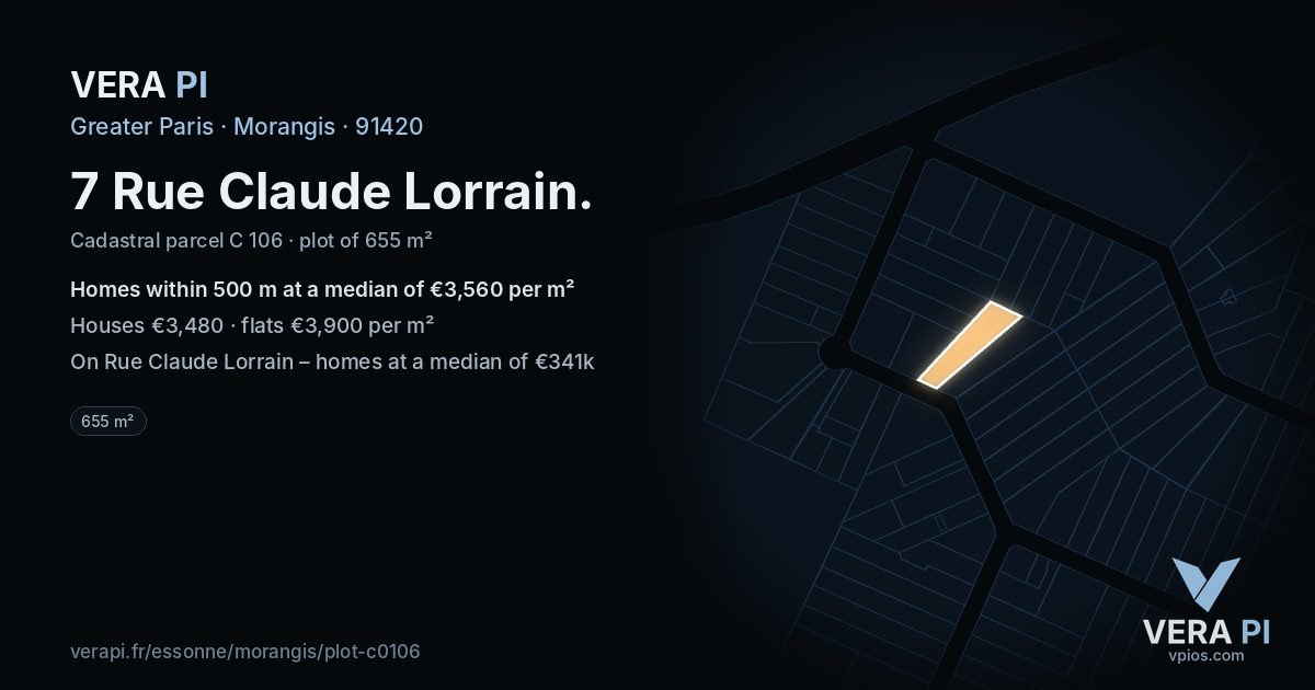 7 Rue Claude Lorrain, Morangis at night – the plot lit, the parcels around coloured by the prices near them