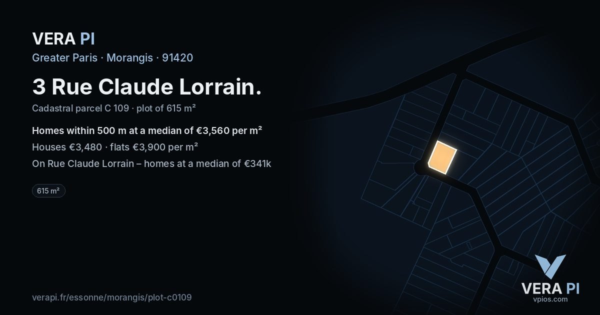 3 Rue Claude Lorrain, Morangis at night – the plot lit, the parcels around coloured by the prices near them