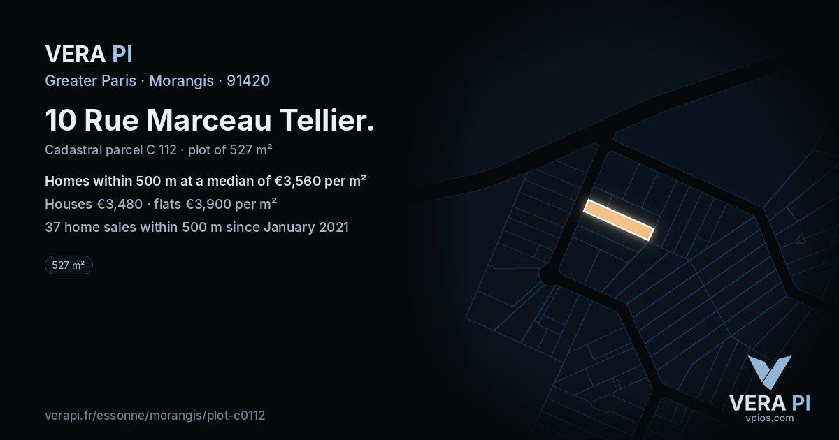 10 Rue Marceau Tellier, Morangis at night – the plot lit, the parcels around coloured by the prices near them