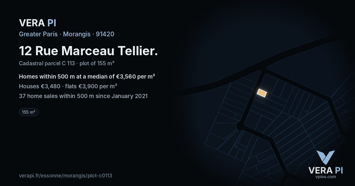 12 Rue Marceau Tellier, Morangis at night – the plot lit, the parcels around coloured by the prices near them